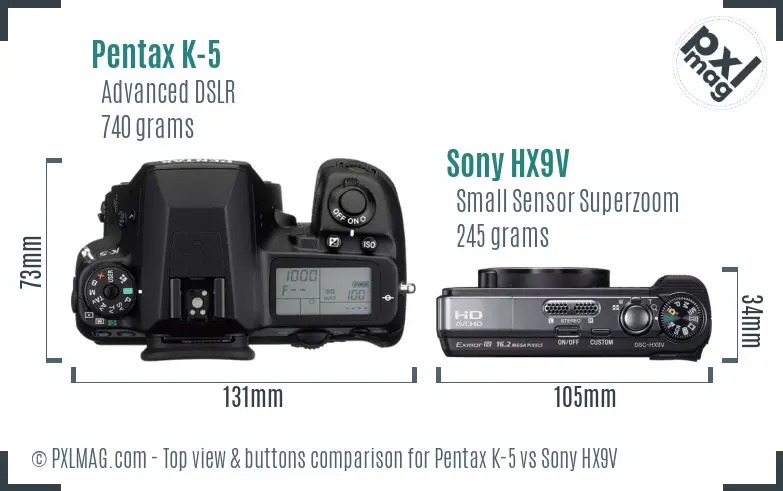 Pentax K-5 vs Sony HX9V top view buttons comparison