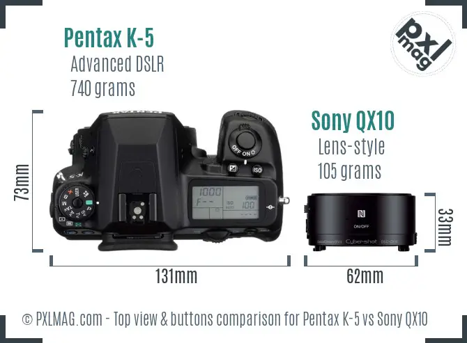 Pentax K-5 vs Sony QX10 top view buttons comparison