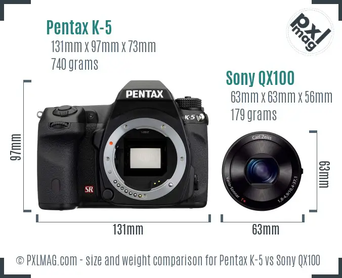 Pentax K-5 vs Sony QX100 size comparison Pentax K-5 vs Sony QX100 size comparison