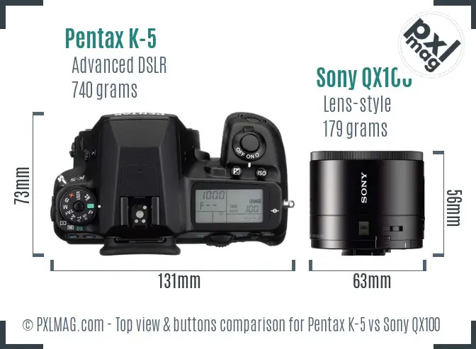 Pentax K-5 vs Sony QX100 top view buttons comparison Pentax K-5 vs Sony QX100 top view buttons comparison