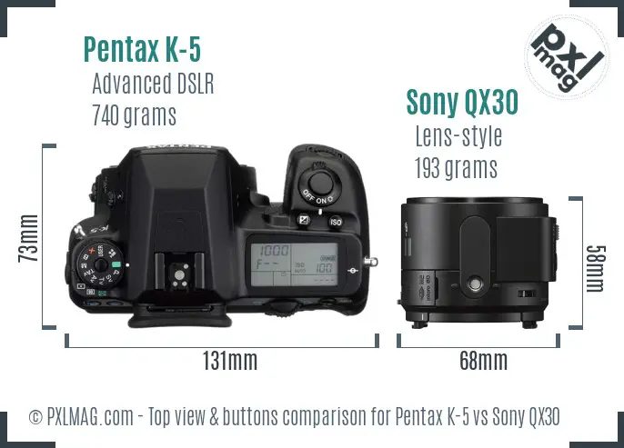 Pentax K-5 vs Sony QX30 top view buttons comparison