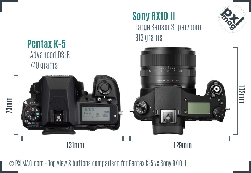 Pentax K-5 vs Sony RX10 II top view buttons comparison