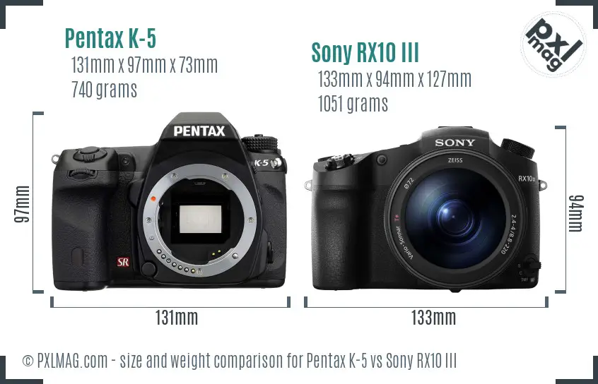 Pentax K-5 vs Sony RX10 III size comparison