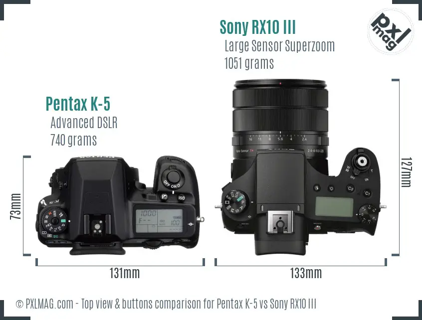 Pentax K-5 vs Sony RX10 III top view buttons comparison