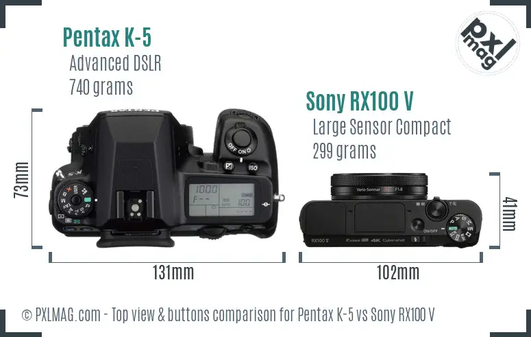 Pentax K-5 vs Sony RX100 V top view buttons comparison