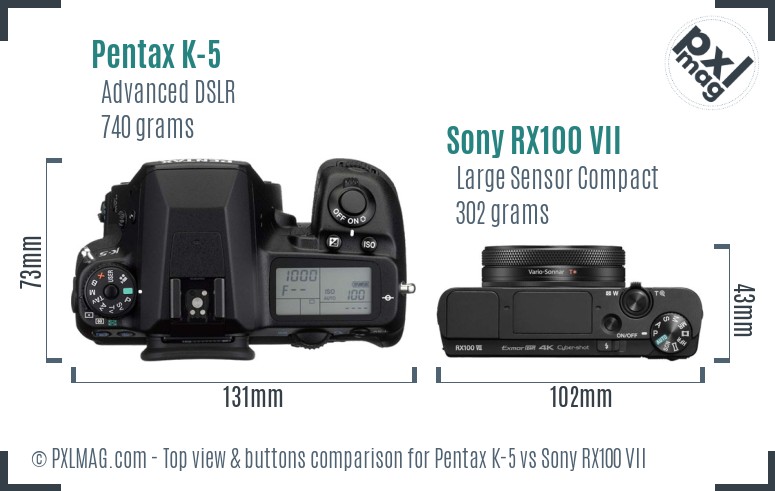 Pentax K-5 vs Sony RX100 VII top view buttons comparison