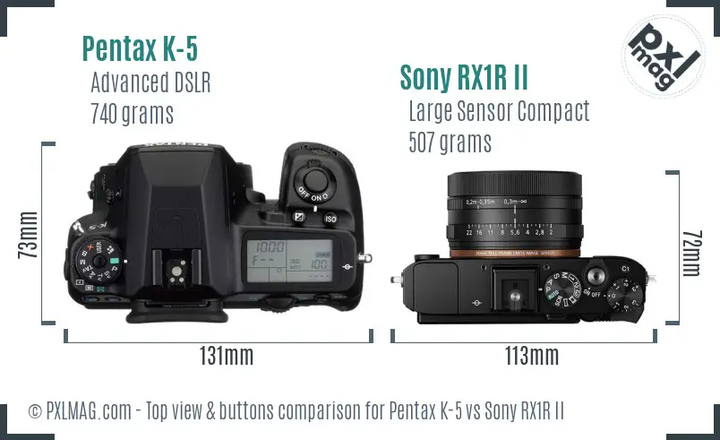 Pentax K-5 vs Sony RX1R II top view buttons comparison Pentax K-5 vs Sony RX1R II top view buttons comparison