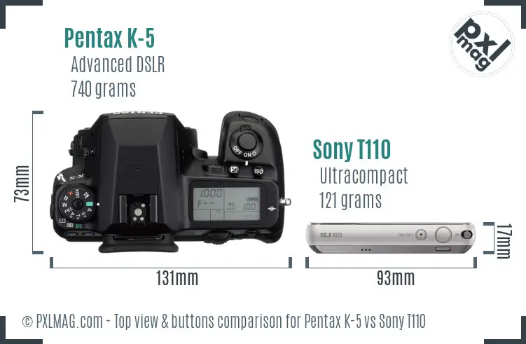 Pentax K-5 vs Sony T110 top view buttons comparison Pentax K-5 vs Sony T110 top view buttons comparison