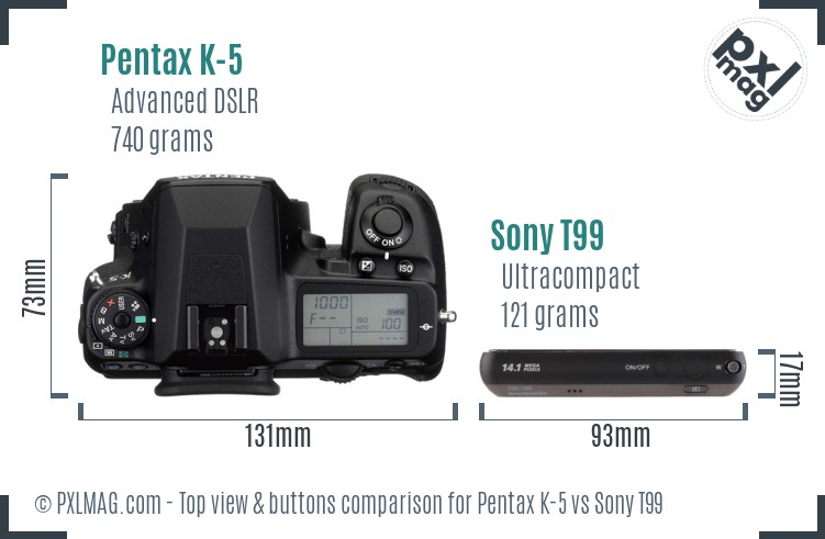 Pentax K-5 vs Sony T99 top view buttons comparison