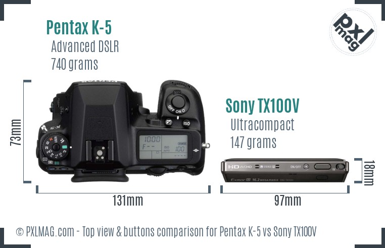 Pentax K-5 vs Sony TX100V top view buttons comparison
