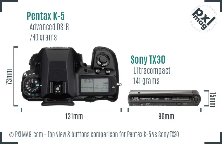 Pentax K-5 vs Sony TX30 top view buttons comparison