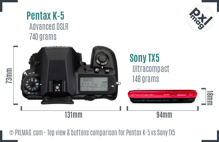 Pentax K-5 vs Sony TX5 top view buttons comparison