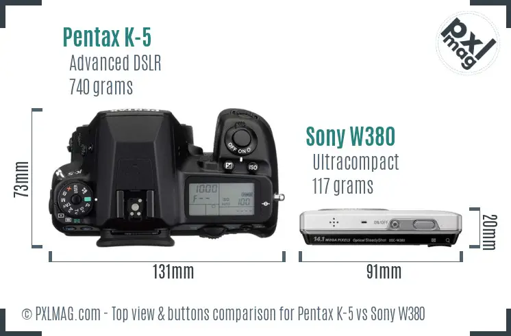 Pentax K-5 vs Sony W380 top view buttons comparison Pentax K-5 vs Sony W380 top view buttons comparison