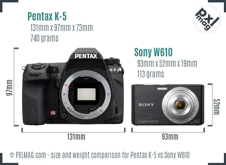 Pentax K-5 vs Sony W610 size comparison