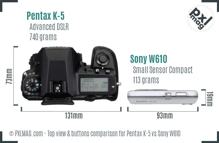 Pentax K-5 vs Sony W610 top view buttons comparison