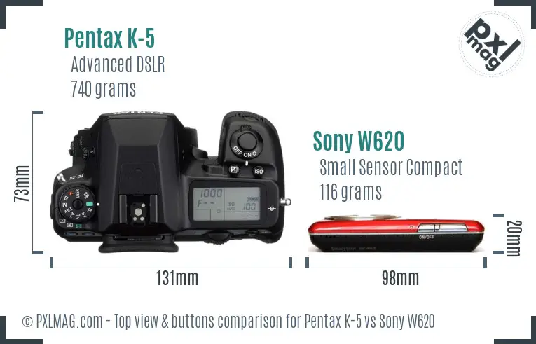 Pentax K-5 vs Sony W620 top view buttons comparison Pentax K-5 vs Sony W620 top view buttons comparison