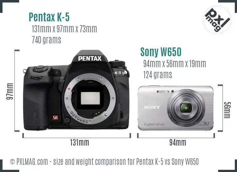Pentax K-5 vs Sony W650 size comparison