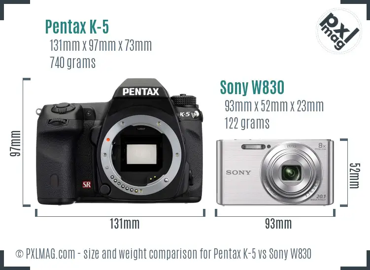 Pentax K-5 vs Sony W830 size comparison