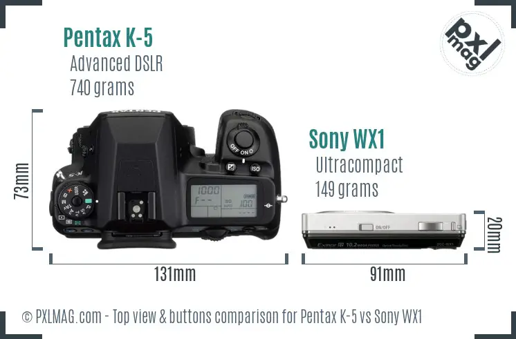 Pentax K-5 vs Sony WX1 top view buttons comparison Pentax K-5 vs Sony WX1 top view buttons comparison