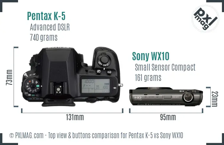 Pentax K-5 vs Sony WX10 top view buttons comparison