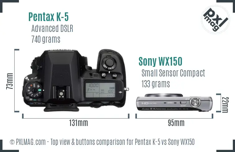 Pentax K-5 vs Sony WX150 top view buttons comparison