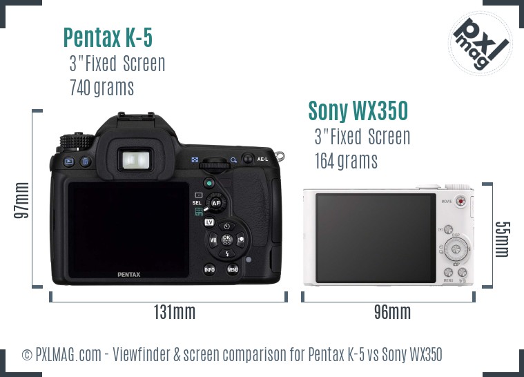 Pentax K-5 vs Sony WX350 Screen and Viewfinder comparison
