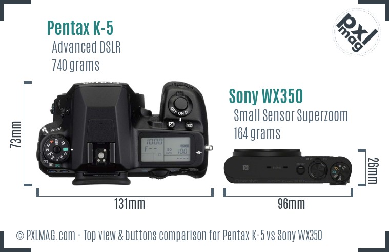 Pentax K-5 vs Sony WX350 top view buttons comparison
