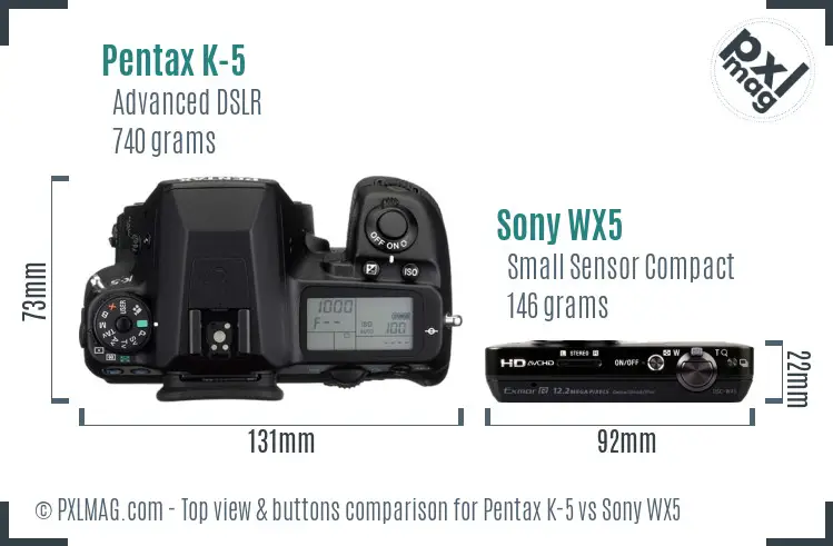 Pentax K-5 vs Sony WX5 top view buttons comparison