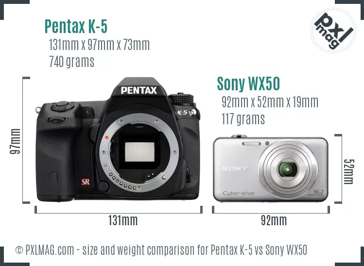 Pentax K-5 vs Sony WX50 size comparison