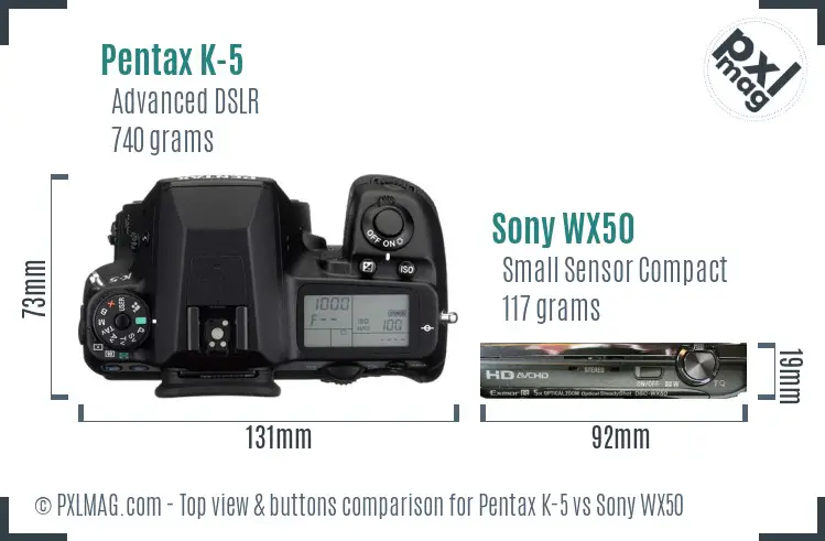 Pentax K-5 vs Sony WX50 top view buttons comparison