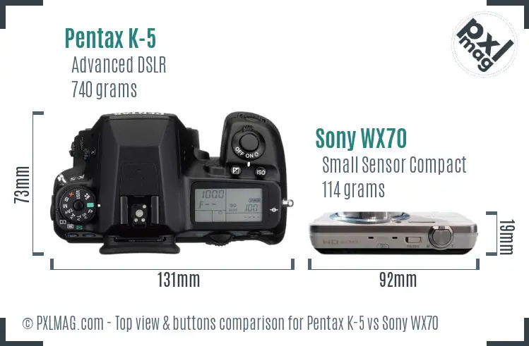 Pentax K-5 vs Sony WX70 top view buttons comparison