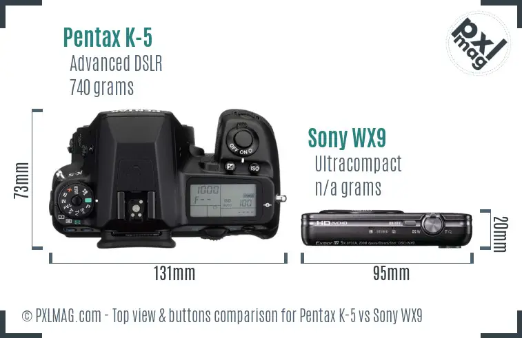 Pentax K-5 vs Sony WX9 top view buttons comparison