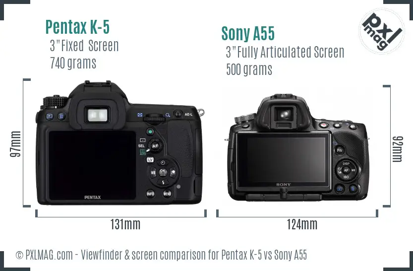Pentax K-5 vs Sony A55 Screen and Viewfinder comparison