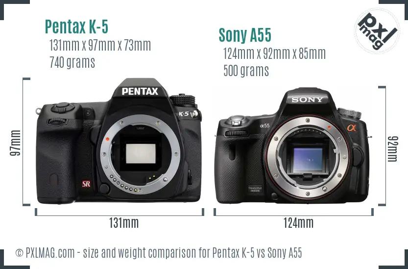 Pentax K-5 vs Sony A55 size comparison