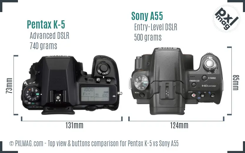 Pentax K-5 vs Sony A55 top view buttons comparison