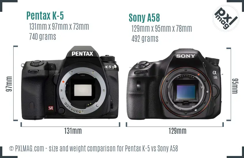 Pentax K-5 vs Sony A58 size comparison Pentax K-5 vs Sony A58 size comparison
