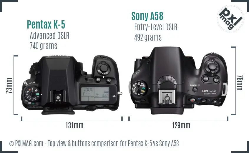 Pentax K-5 vs Sony A58 top view buttons comparison Pentax K-5 vs Sony A58 top view buttons comparison