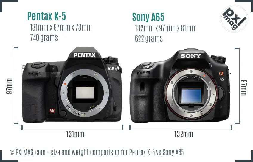 Pentax K-5 vs Sony A65 size comparison