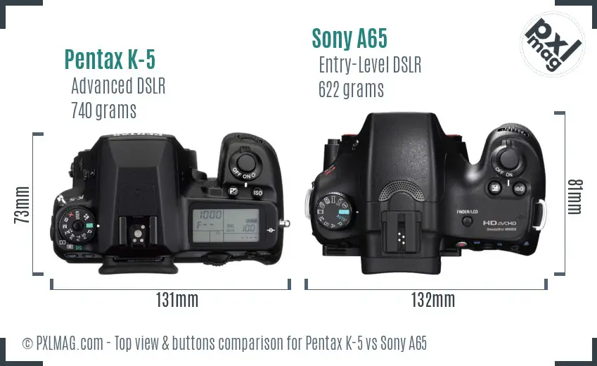 Pentax K-5 vs Sony A65 top view buttons comparison