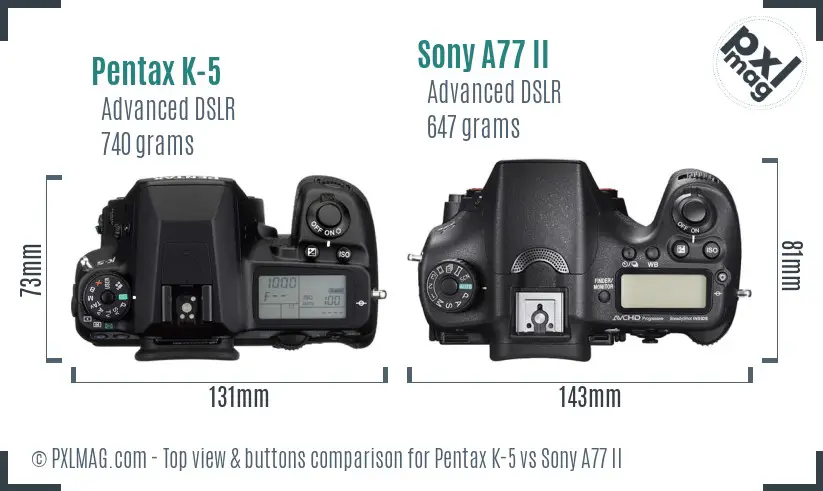 Pentax K-5 vs Sony A77 II top view buttons comparison