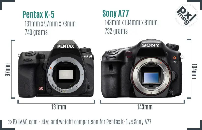 Pentax K-5 vs Sony A77 size comparison