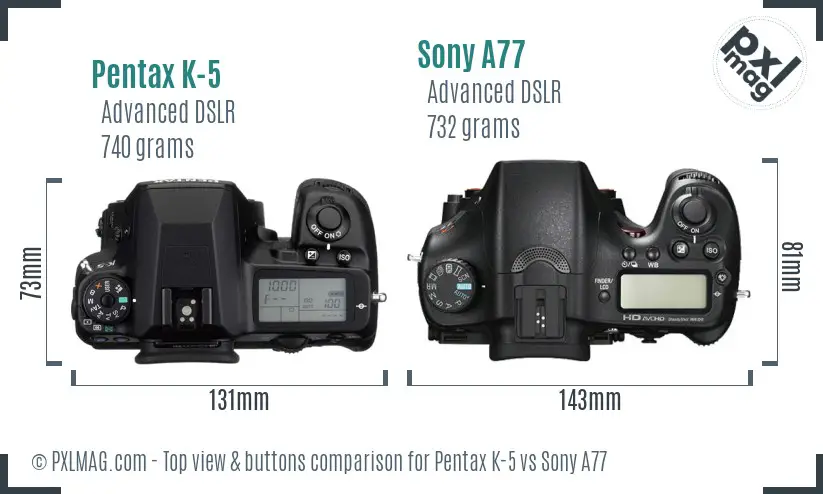 Pentax K-5 vs Sony A77 top view buttons comparison