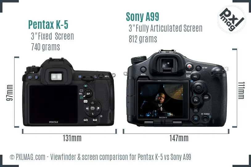 Pentax K-5 vs Sony A99 Screen and Viewfinder comparison