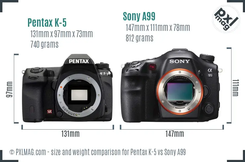 Pentax K-5 vs Sony A99 size comparison