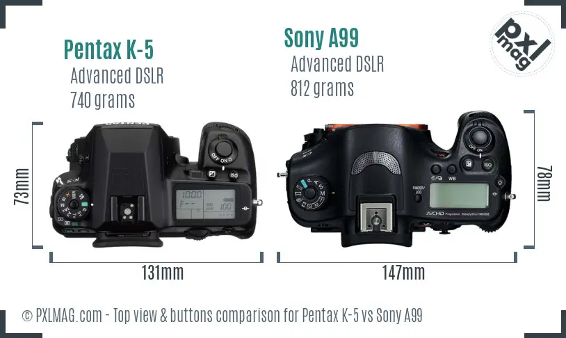 Pentax K-5 vs Sony A99 top view buttons comparison