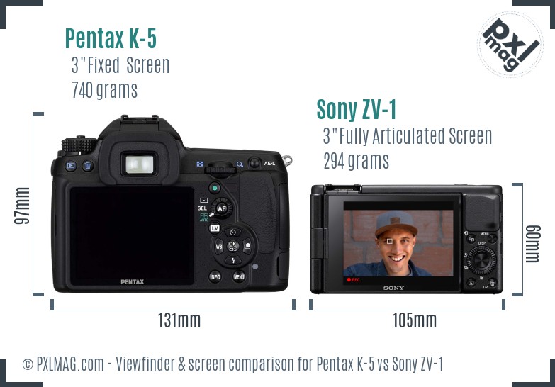 Pentax K-5 vs Sony ZV-1 Screen and Viewfinder comparison