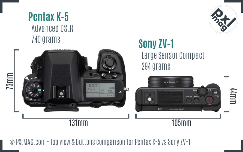 Pentax K-5 vs Sony ZV-1 top view buttons comparison