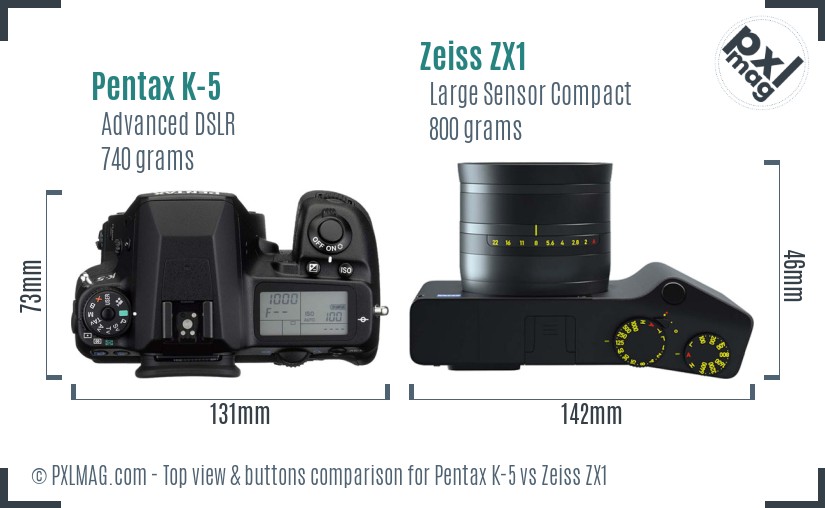 Pentax K-5 vs Zeiss ZX1 top view buttons comparison