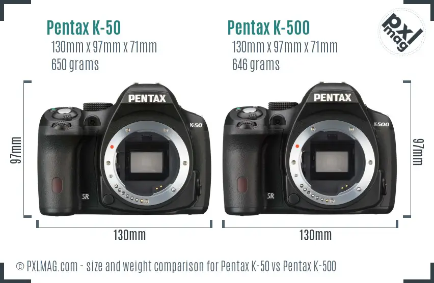 Pentax K-50 vs Pentax K-500 size comparison