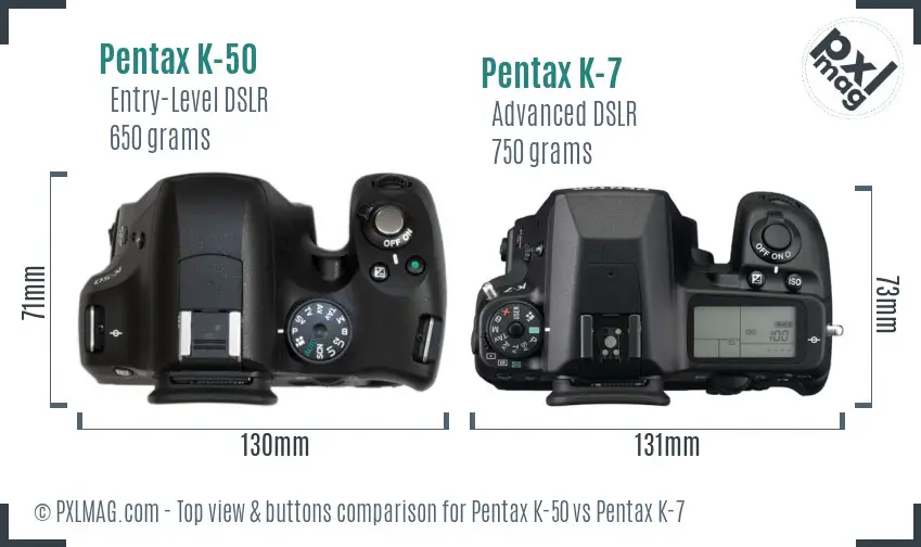 Pentax K-50 vs Pentax K-7 top view buttons comparison